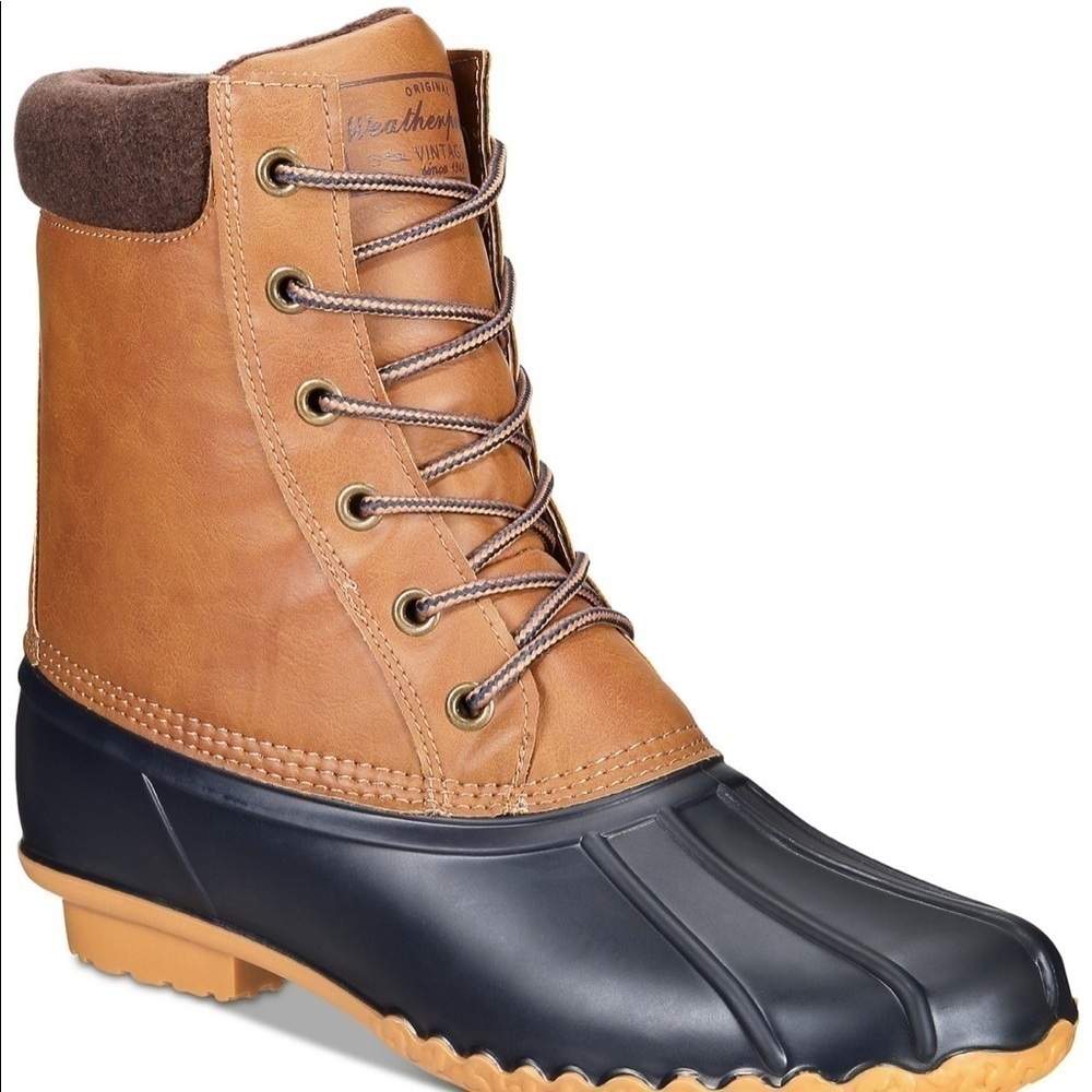Waterproof Adam Duck Boots Tan leather, blue rubber on bottom Men’s Size 8 NWOT